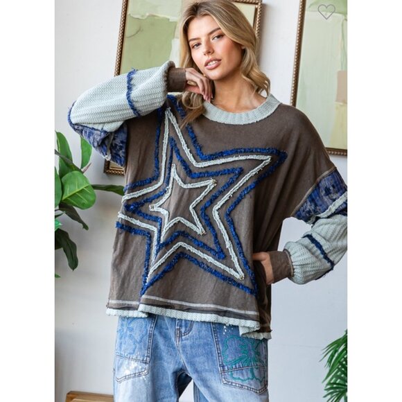Buckle‎ Oli & Hali Washed Star Patch work Oversized Shirt charcoal embroidered - Picture 1 of 10
